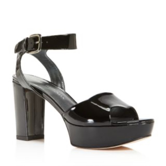 New In Box Stuart Weitzman “Real Deal” black patent leather platform sandals 7.5 - Picture 1 of 9
